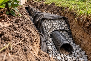 French drain pipe surrounded by gravel and filter fabric in Florida yard