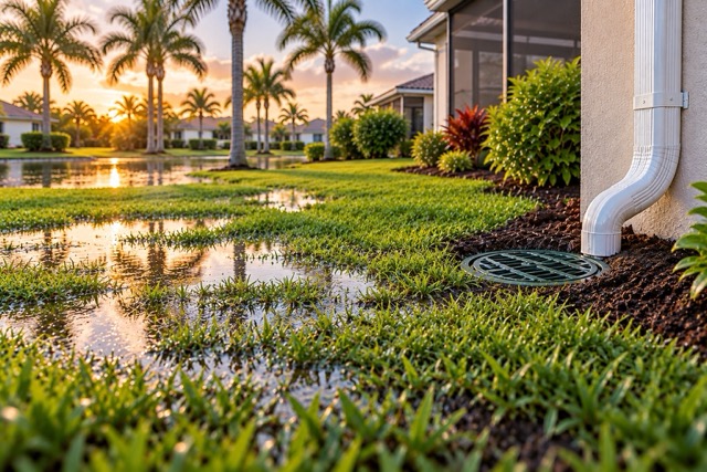 Catch basin installed nearly flush with a Florida lawn to collect standing water