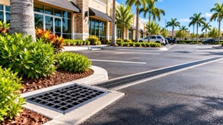 Completed commercial stormwater drainage system with catch basin and channel drain in Venice FL