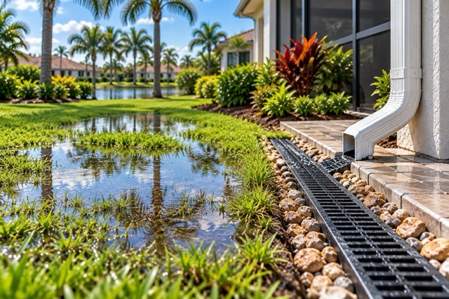 Downspout and channel drain helping manage roof runoff and yard flooding in Florida