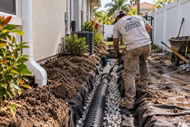 Venice Drainage contractor installing a French drain in Sarasota Florida