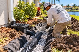 Venice Drainage contractor installing gravel around French drain pipe in Venice Florida