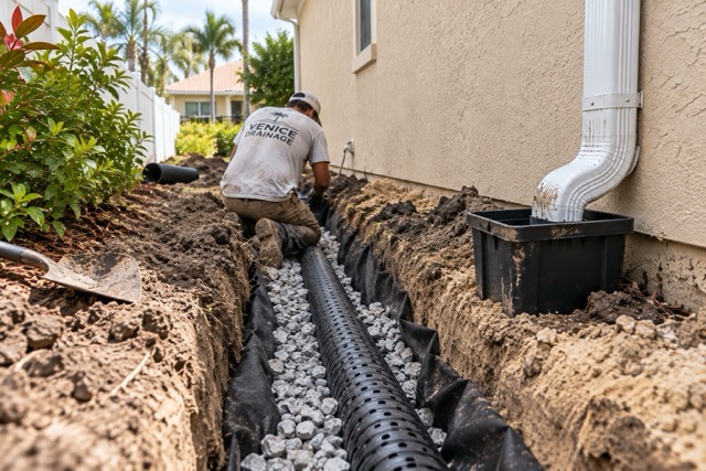 French drain installation in Sarasota FL with drainage pipe and gravel