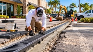 Parking lot channel drain installation at a commercial property in Venice Florida