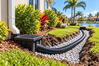Residential French drain system with catch basins and underground drainage pipe in Venice FL