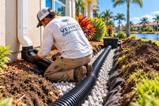 Underground downspout drainage system installation beside a Venice Florida home