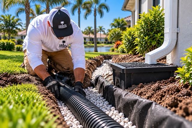 Yard drainage installation with underground pipe and catch basin in Florida