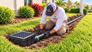 Yard drainage installation with catch basin and underground pipe in Venice FL